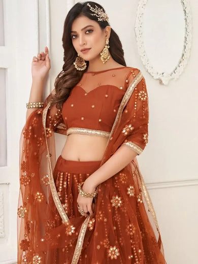 Amazing Brown Mirror Work Net Party Wear Lehenga Choli With Dupatta
